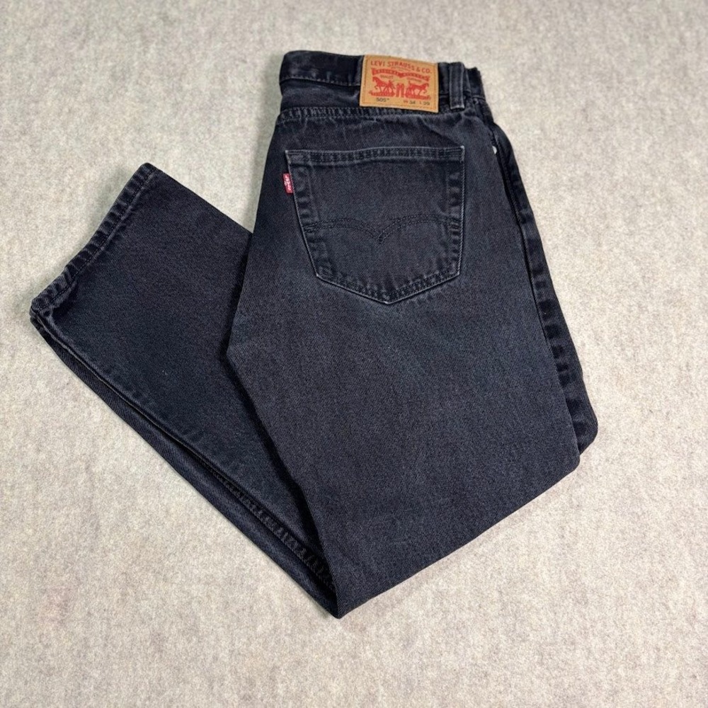 Levis 505 Regular Fit Jeans Mens 34x29 Black Cotton Denim Straight Leg Classic